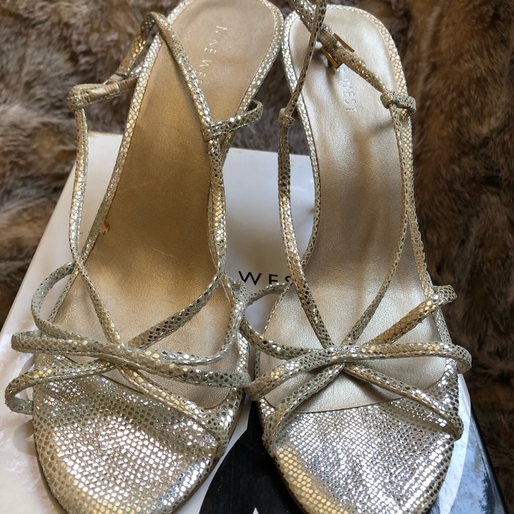 Nine West shimmer silver strap heels.